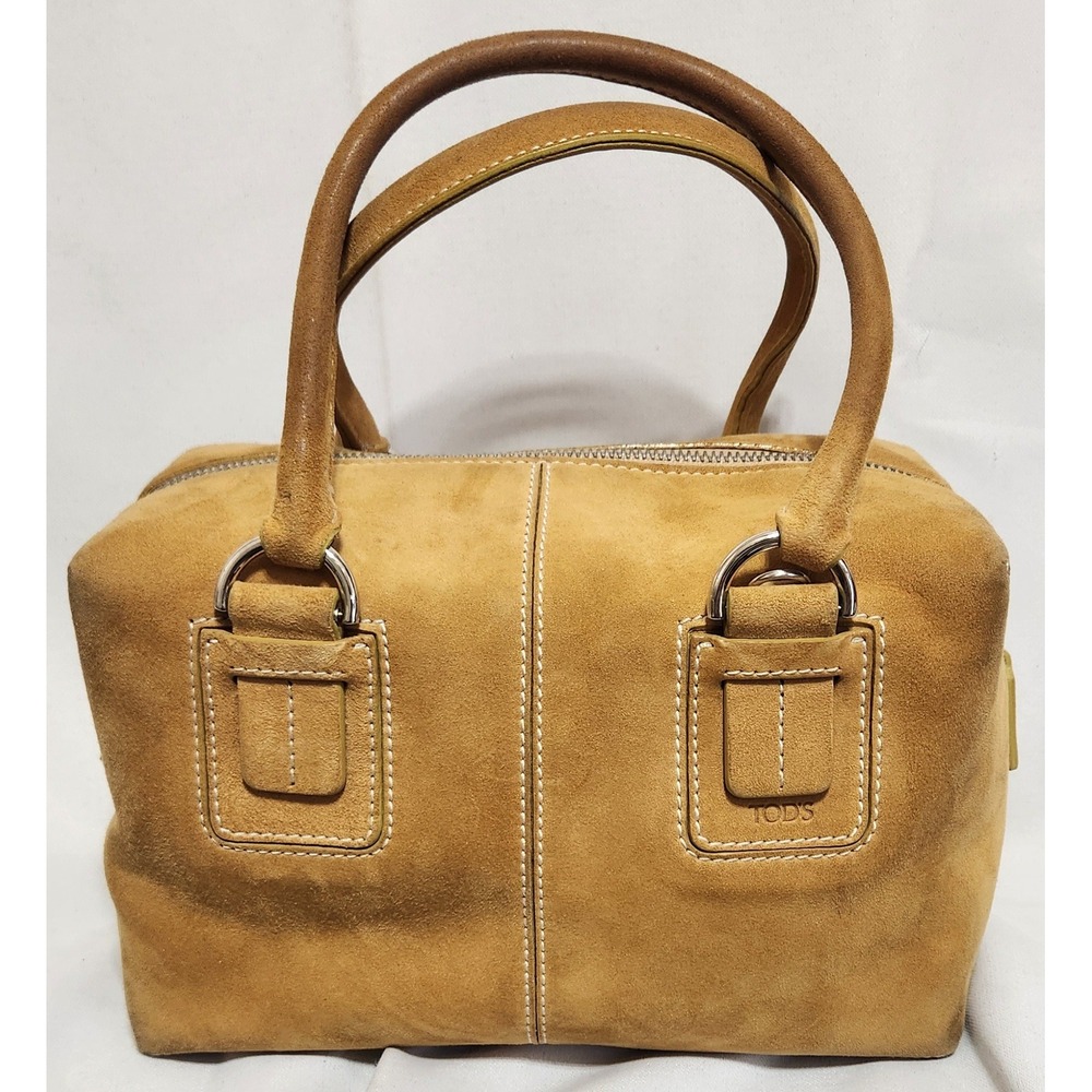 Tods Tan Suede Satchel Bag White Topstitch Silver Hardware Made in Italy